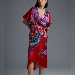 Anthropologie x DELFI Collective Fringed Dress Floral Print Red Large‎ No Belt